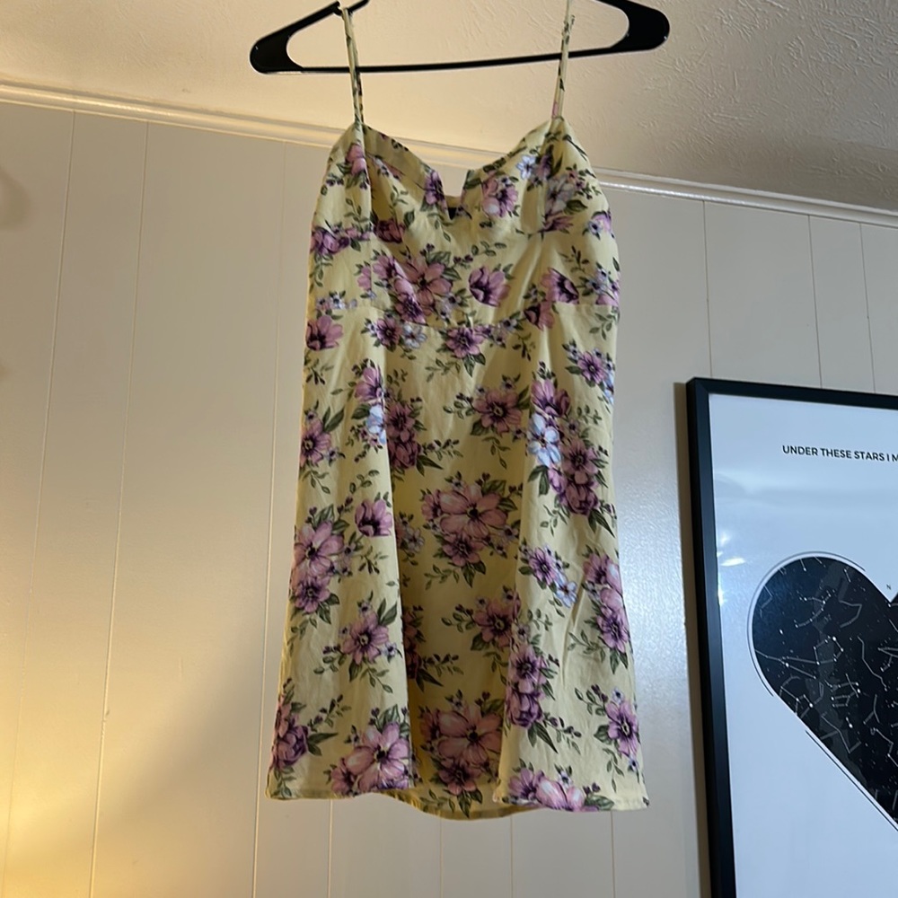 Forever21, size s, yellow dress with pink/purple flower pattern.